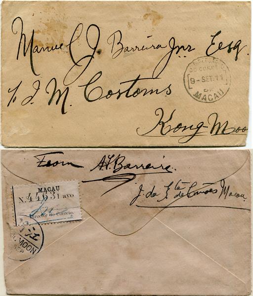 624.jpg -     Lote:    624                   Descrição:         1911 &mdash; Etiqueta. Tipografada localmente, rúbrica a azul e com numeração individual. MF147, 1 avo preto, papel avergoado, denteado 12 de linha em sobrescrito circulado de Macau (09.09.11) para Hong Kong. Exemplar sem defeitos nem reparações.          *       Valor Base:     &euro; 200,00     Valor Venda:     &euro;      