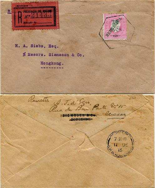633.jpg -     Lote:    633                   Descrição:         1913 &mdash; D. Luís I, com sobretaxa. Selos de 1902 com sobrecarga REPUBLICA tipografada localmente a verde. MF169, 18 avos s/ 20 reis rosa, papel porcelana, denteado 12 Ÿ, em sobrescrito circulado registado de Macau apara Hong Kong (11.12.13). Exemplar sem defeitos nem reparações. B e R.         Carta       Valor Base:     &euro; 150,00     Valor Venda:     &euro;      