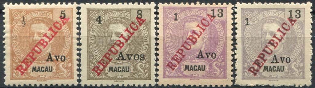 642.jpg -     Lote:    642                   Descrição:         1913 &mdash; D. Carlos I, com sobretaxa, tipografada localmente a preto sobre selos de D. Carlos I com sobrecargas REPUBLICA da Casa da Moeda e local. MF198/201. Série completa com selo MF198 com goma e charneira e restantes sem goma como emitidos. Exemplares sem reparações e dois dentes curtos no selo de 4 s/ 8 avos. Valor de catálogo &euro; 218,00.         **/*       Valor Base:     &euro; 40,00     Valor Venda:     &euro;      