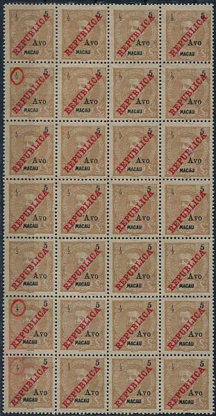 643.jpg -     Lote:    643                   Descrição:         1913 &mdash; D. Carlos I Mouchon, com sobrecarga REPUBLICA e sobretaxa, tipografadas localmente. MF198, &frac12; avo s/ 5 avos castanho amarelo. Folha completa com 28 selos, sem goma, sem defeitos nem reparações, com "1" mais pequeno no 25.º selo da folha. Valor de catálogo &euro; 574,00.         *       Valor Base:     &euro; 120,00     Valor Venda:     &euro;      