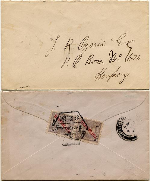 645.jpg -     Lote:    645                   Descrição:         1913 &mdash; D. Carlos I, com sobretaxa, tipografada localmente. MF201, 1 avo s/ 13 avos violeta cinzento. Par vertical em sobrescrito circulado de Macau (31.10.13) para Hong Kong (01.11.13). Exemplar sem defeitos nem reparações.         Carta       Valor Base:     &euro; 50,00     Valor Venda:     &euro;      