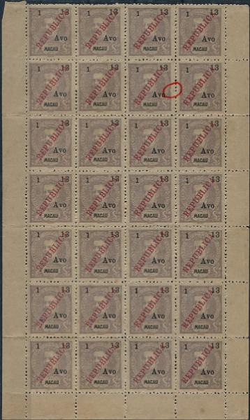 646.jpg -     Lote:    646                   Descrição:         1913 &mdash; D. Carlos I Mouchon, com sobrecarga REPUBLICA e sobretaxa, tipografadas localmente. MF201, 1 avo s/ 13 avos violeta cinzento. Folha completa com 28 selos, sem goma como emitidos, sem defeitos nem reparações, com variedade de cliché no 7.º selo. Valor de catálogo &euro; 560,00.         *       Valor Base:     &euro; 100,00     Valor Venda:     &euro;      