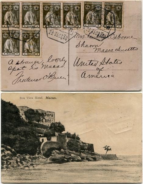 647.jpg -     Lote:    647                   Descrição:         1913/15 &mdash; Ceres. MF210b, &frac12; avo, papel esmalte, denteado 15x14, estrelas I/I. Quatro pares de selos (total de 8 selos) em postal ilustrado circulado de Macau (10.09.19) para os EUA. Postal ilustrado com gravura a preto e branco "Boa Vista Hotel. Macao". Exemplar sem defeitos nem reparações.         Carta       Valor Base:     &euro; 50,00     Valor Venda:     &euro;      