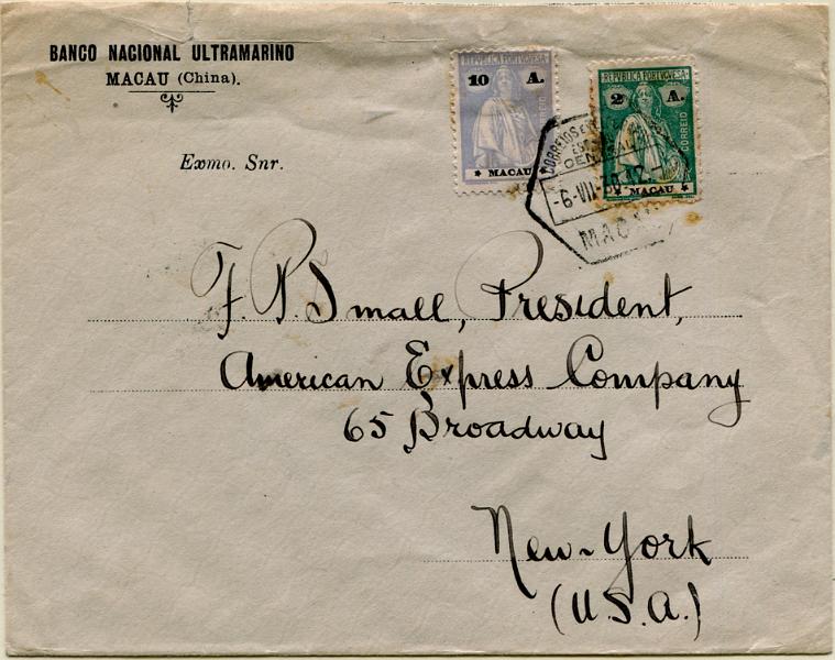 650.jpg -     Lote:    650                   Descrição:         1922 &mdash; Ceres. Sobrescrito circulado de Macau (06.07.30) para New York, com trânsito por Hong Kong (07.08.30) com selo de 2 avos verde, papel liso, denteado 12x11 &frac12;, estrelas II/II, MF212j e selo de 10 avos ultramar, papel liso, denteado 12x11 &frac12;, estrelas III/IV, MF217b. Exemplar sem defeitos nem reparações.         Carta       Valor Base:     &euro; 200,00     Valor Venda:     &euro;      