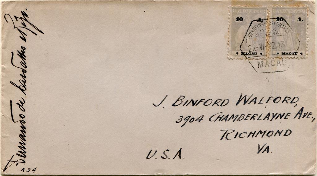 652.jpg -     Lote:    652                   Descrição:         1913/15 &mdash; Ceres. MF217b, 10 avos ultramar, denteado 12x11 &frac12;, papel liso médio, estrelas III/IV. Dois selos em sobrescrito circulado de Macau (22.06.32) para Richmond / EUA, com trânsito por Hong Kong (23.06.32). Exemplar bem conservado, sem reparações nem defeitos.         Carta       Valor Base:     &euro; 50,00     Valor Venda:     &euro;      
