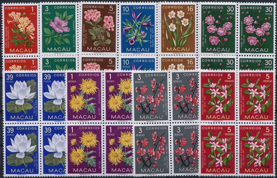 665.jpg -     Lote:    665                   Descrição:         1953 &mdash; Flores de Macau. MF 374/383. Série completa em quadras. Exemplares com goma original, sem sinal de charneira, sem defeitos nem reparações. Valor de catálogo &euro; 320,00.         ***       Valor Base:     &euro; 65,00     Valor Venda:     &euro;      