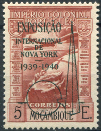 719.jpg -     Lote:    719                   Descrição:         1938 &mdash; Correio aéreo. Império Colonial Português, com sobrecarga da "EXPOSIÇÃO INTERNACIONAL DE NOVA YORK 1939-1940". MF CA7a, 5E castanho vermelho. Exemplar com goma original e sem sinal de charneira, sem defeitos nem reparações. Valor de catálogo &euro; 225.00. .        ***       Valor Base:     &euro; 75,00     Valor Venda:     &euro;      