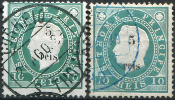 761.jpg -     Lote:    761                   Descrição:         1889/91 &mdash; D. Luís I. Fita direita. Com sobretaxa local. Lote com dois selos: MF24, 5 s/ 10 reis verde, papel porcelana, denteado 13 &frac12; + MF24a, 5 s/ 10 reis verde, papel porcelana, denteado 13 &frac12; com variedade "e" de "reis" sem acento. Valor de catálogo &euro; 225,00.         O       Valor Base:     &euro; 45,00     Valor Venda:     &euro;      