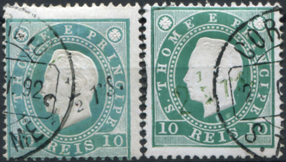 762.jpg -     Lote:    762                   Descrição:         1892 &mdash; D. Luís I. Fita direita. Com sobretaxa local. Sobretaxa tipo (2). Lote com dois selos: MF28b, 2 &frac12; s/ 10 reis verde, denteado 13 &frac12;, papel porcelana, com a sobretaxa a preto + MF28c, 2 &frac12; s/ 10 reis verde, denteado 13 &frac12;, papel porcelana, com a sobretaxa a verde. Exemplares usados sem defeitos nem reparações. Valor de catálogo &euro; 325,00.          O       Valor Base:     &euro; 65,00     Valor Venda:     &euro;      