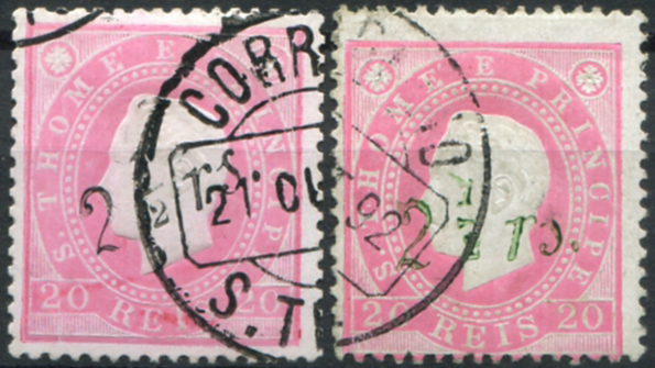 763.jpg -     Lote:    763                   Descrição:         1892 &mdash; D. Luís I. Fita direita. Com sobretaxa local. Sobretaxa tipo (2). Lote com dois selos: MF29b, 2 &frac12; s/ 20 reis rosa, denteado 13 &frac12;, papel porcelana, com a sobretaxa a preto + MF29c, 2 &frac12; s/ 10 reis verde, denteado 13 &frac12;, papel porcelana, com a sobretaxa a verde. Exemplares usados sem defeitos nem reparações. Valor de catálogo &euro; 395,00.          O       Valor Base:     &euro; 75,00     Valor Venda:     &euro;      