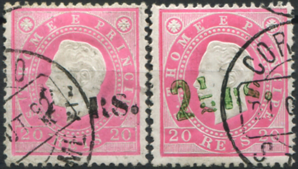 764.jpg -     Lote:    764                   Descrição:         1892 &mdash; D. Luís I. Fita direita. Com sobretaxa local. Sobretaxa tipo (1). Lote com dois selos: MF29, 2 &frac12; s/ 20 reis rosa, denteado 13 &frac12;, papel porcelana, com a sobretaxa a preto + MF29a, 2 &frac12; s/ 10 reis verde, denteado 13 &frac12;, papel porcelana, com a sobretaxa a verde. Exemplares usados sem defeitos (1.º selo com ligeiros distúrbios na porcelana, normal nesta emissão) nem reparações. Valor de catálogo &euro; 325,00.          O       Valor Base:     &euro; 55,00     Valor Venda:     &euro;      