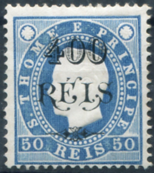 767.jpg -     Lote:    767                   Descrição:         1902 &mdash; D. Luís I. Fita direita, com sobretaxa. MF69, 400 s/ 50 reis, papel porcelana, denteado 13 &frac12;, sobrecarga tipo I. Selo muito raro, com boa cor e sem reparações, novo com goma original, com sinal de charneira e ponto de óxido no verso, não passando para a frente, já existente desde 2007, data de emissão de certificado de peritagem de Leilões P. Dias, Lda. Valor de catálogo &euro; 1.000,00.         **       Valor Base:     &euro; 350,00     Valor Venda:     &euro;      