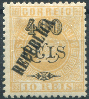 769.jpg -     Lote:    769                   Descrição:         1913 &mdash; Coroa. Selos de 1902, com sobrecarga REPUBLICA tipografada localmente. MF128A, 400 s/ 10 reis amarelo, sobretaxa tipo I, papel liso, denteado 11 Ÿ x 12. Exemplar com boa cor, com retoques no denteado, com goma não original. Certificado de peritagem de J. Miranda da Valor de catálogo &euro; 1.000,00.         *       Valor Base:     &euro; 200,00     Valor Venda:     &euro;      