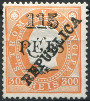 773.jpg -     Lote:    773                   Descrição:         1913 &mdash; D. Luía I Fita direita, com sobretaxa. Selos de 1903, com sobrecarga REPUBLICA, tipografada localmente. MF155, 115 reis s/ 300 reis laranja, papel porcelana, denteado 13 &frac12;. Exemplar novo, sem goma, sem defeitos nem reparações. Valor de catálogo &euro; 410,00.         *       Valor Base:     &euro; 75,00     Valor Venda:     &euro;      