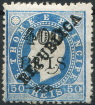 775.jpg -     Lote:    775                   Descrição:         1913 &mdash; D. Luía I Fita direita, com sobretaxa. Selos de 1903, com sobrecarga REPUBLICA, tipografada localmente. MF157a, 400 reis s/ 50 reis azul, papel porcelana, denteado 12 Ÿ. Exemplar novo, sem goma, sem defeitos nem reparações. Valor de catálogo &euro; 200,00.         *       Valor Base:     &euro; 40,00     Valor Venda:     &euro;      