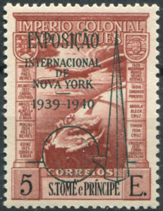 780.jpg -     Lote:    780                   Descrição:         1938 &mdash; Correio aéreo. Império Colonial Português, com sobrecarga da "EXPOSIÇÃO INTERNACIONAL DE NOVA YORK 1939-1940". MF CA16a, 5E castanho vermelho. Exemplar com goma original e sem sinal de charneira, sem defeitos nem reparações. Valor de catálogo &euro; 225.00. .        ***       Valor Base:     &euro; 75,00     Valor Venda:     &euro;      