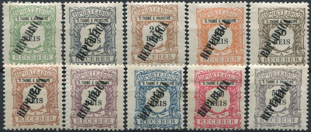 784.jpg -     Lote:    784                   Descrição:         1913 &mdash; Porteado. Emissão regular. Selos de 1904 com sobrecarga REPUBLICA tipografada localmente. MF POR21/30. Série completa. Selos de 30, 130, 200 e 500 reis sem goma, restantes com goma original e charneira. Valor de catálogo &euro; 290.00.         **/*       Valor Base:     &euro; 45,00     Valor Venda:     &euro;      