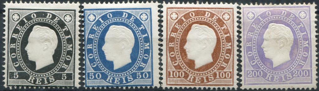 786.jpg -     Lote:    786                   Descrição:         1888 &mdash; D. Luís I. Fita direita. MF11, 16, 18 e 19, 5, 50, 100 e 200 reis. Série completa de reimpressões de 1905, denteado 13 &frac12;. Exemplares com boa cor, sem defeitos ou reparações. Valor de catálogo &euro; 280,00.         **       Valor Base:     &euro; 60,00     Valor Venda:     &euro;      