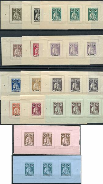 789.jpg -     Lote:    789                   Descrição:         1914 &mdash; Ceres. MF162/176. Série incompleta (falta MF175) composta por 14 tiras horizontais de 3 provas de cor de cada uma das taxas, nas cores aprovadas, não denteadas, em papel liso desde &frac14; avo até 40 avos e papel porcelana nos restantes. Em cada tira o primeiro selo e segundo selos com estrelas III/IV e o terceiro com estrelas I/IV. Provas consideradas com clandestinas. MB e R.         PRV       Valor Base:     &euro; 250,00     Valor Venda:     &euro;      