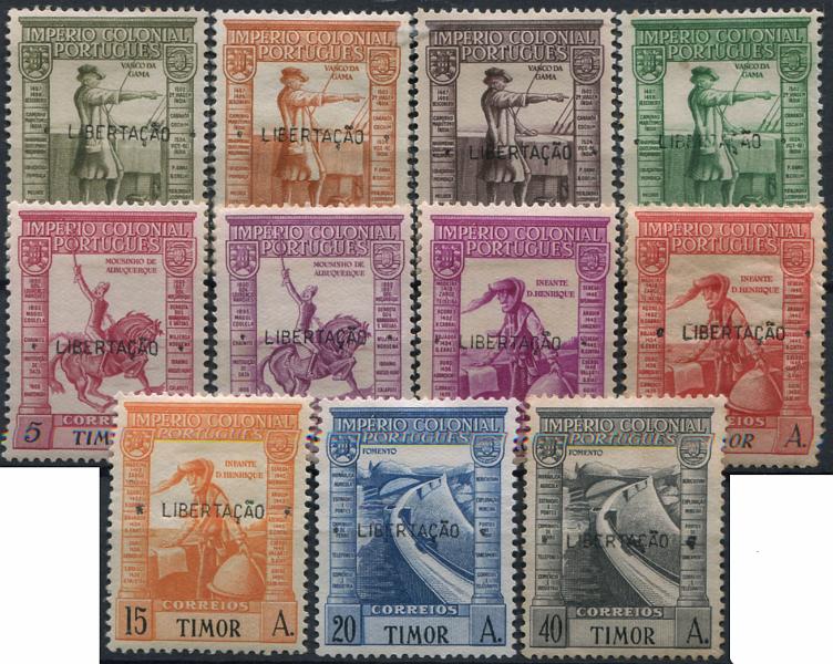 798.jpg -     Lote:    798                   Descrição:         1947 &mdash; Império Colonial Português, com sobrecarga "LIBERTAÇÃO". MF250/260. Série completa, com 4 selos sem goma original e dois selos sem goma. Lote a ver. Valor de catálogo &euro; 390,00.         **/*       Valor Base:     &euro; 80,00     Valor Venda:     &euro;      