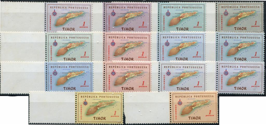 802.jpg -     Lote:    802                   Descrição:         1956 &mdash; Carta Geográfica de Timor. MF301, 1P. Lote com 14 provas de cor, todas em diferentes cores, denteadas e com goma original sem sinal de charneira, todas com banda em branco, denteada e do mesmo formato da prova. Exemplares sem defeitos nem reparações.         PRV       Valor Base:     &euro; 250,00     Valor Venda:     &euro;      