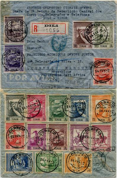 806.jpg -     Lote:    806                   Descrição:         1938/47 &mdash; Império Colonial Português + Império Colonial Português, com sobrecarga "LIBERTAÇÃO".  Sobrescrito circulado registado de Dili (14.02.49), para Lourenço Marques (12.03.49), com trânsito pelo Cairo  e Salisbúria (08.03.49), com selos de 50 avos MF239 + selos de 1, 3, 4, 5, 8, 10, 12, 15, 20 e 40 avos, MF250, 252/260 + 1, 2, 3, 5, 10, 20 e 70 avos MF CA 15/20 e 22. Exemplar em bom estado de conservação, sem defeitos nem reparações. MB.         Carta       Valor Base:     &euro; 350,00     Valor Venda:     &euro;      