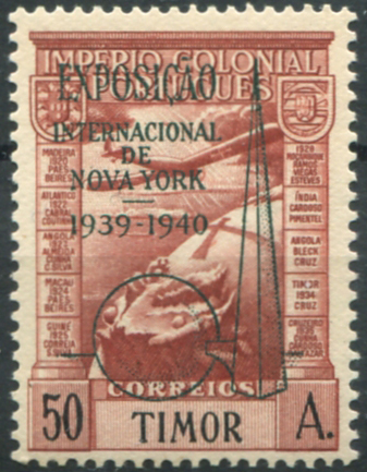807.jpg -     Lote:    807                   Descrição:         1938 &mdash; Correio aéreo. Império Colonial Português, com sobrecarga da "EXPOSIÇÃO INTERNACIONAL DE NOVA YORK 1939-1940". MF CA7a, 50 avos castanho vermelho. Exemplar com goma original e sem sinal de charneira, sem defeitos nem reparações. Valor de catálogo &euro; 225.00. .        ***       Valor Base:     &euro; 75,00     Valor Venda:     &euro;      