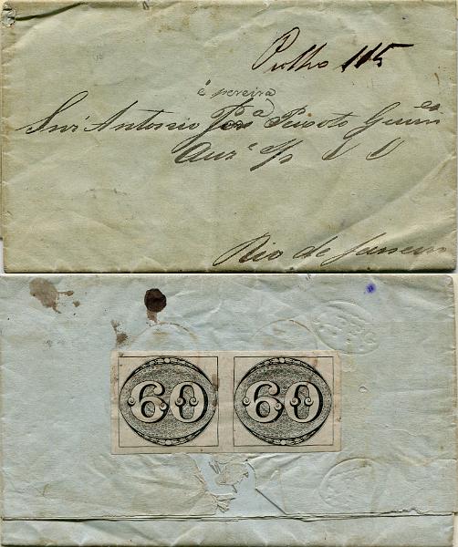 818.jpg -     Lote:    818                   Descrição:         1843 &mdash; Olho de boi. Yv2, 60 reis preto, não denteado. Par horizontal em carta circulada de Angra dos Reis (07.04.45) para o Rio de Janeiro, no total de 120 reis para pagar o 1.º porte interno via de mar para cartas com o peso até 4 oitavas. Selos obliterados com carimbo nominativo batido a vermelho (mal batido) de "ANGRA DOS REIS". B e MR.         Carta       Valor Base:     &euro; 2.500,00     Valor Venda:     &euro;      