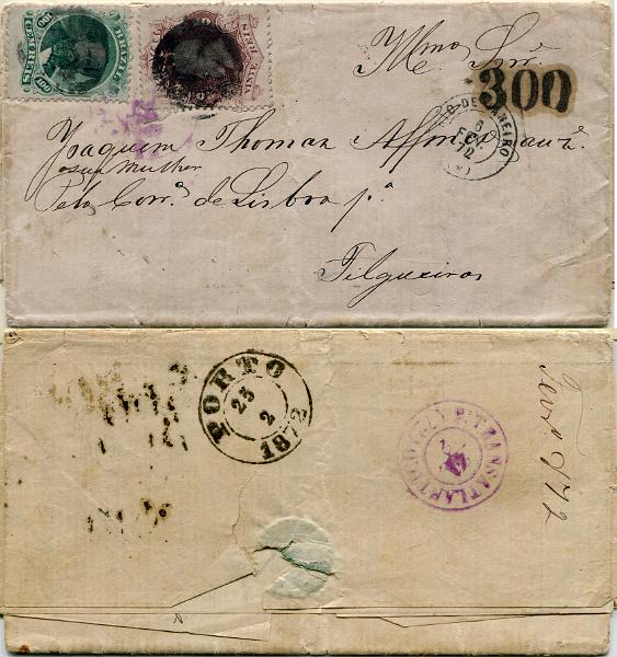 820.jpg -     Lote:    820                   Descrição:         1866 &mdash; Imperador D. Pedro II. Carta circulada de Angra dos Reis (31.01.72) para Filgueiras, com trânsito por Rio de Janeiro (06.02.72) e Porto (25.02.72), franquiada com selos de 20 reis, lilás castanho, Yv24 e 100 reis verde, Yv27 no total de 120 reis para pagar o 1.º porte territorial (excesso de 20 reis) para cartas com o peso até 15g + porte de 300 reis batido a preto correspondente ao 2.º porte para cartas transportadas por paquete transatlântico Megellan da Pacific (21.02.72) (marca a violeta no verso e a obliterar os selos), para cartas com o peso entre 11 e 20g.         Carta       Valor Base:     &euro; 100,00     Valor Venda:     &euro;      