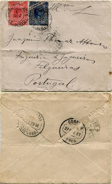 821.jpg -     Lote:    821                   Descrição:         1894 &mdash; Liberdade. Sobrescrito circulado de Angra dos Reis (05.12.01) para Felgueiras (28.12.01) com trânsito por Lisboa (27.12.01) com selos de 100 reis vermelho Yv117 e 200 reis azul Yv118 no total de 300 reis para pagar o 1.º porte para cartas remetidas para Portugal com o peso até 15g. Transportada pelo vapor Thames vindo de La Plata.         Carta       Valor Base:     &euro; 40,00     Valor Venda:     &euro;      