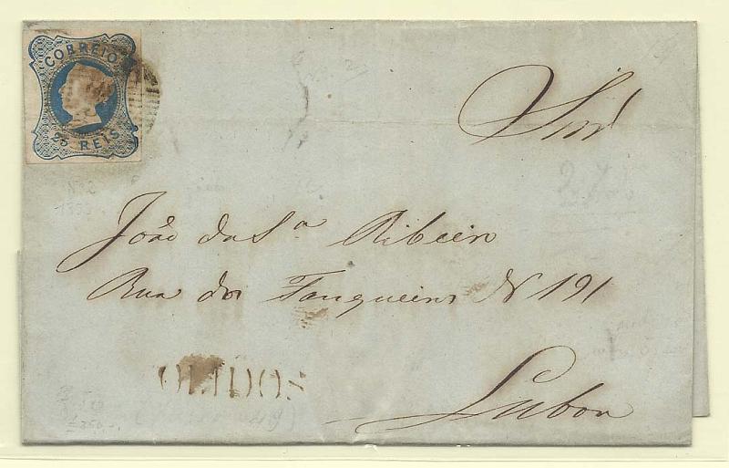 0091.jpg -     Lote:    91            Portugal       Descrição:         1853 &mdash; D. Maria II. CE2, 25 reis azul, cunho II, em carta circulada de Óbidos (21.11.1853) para Lisboa. Carimbo nominativo batido a sépia de OBIDOS.        Carta       Valor Base:     &euro; 80,00     Valor Venda:     Retirado     