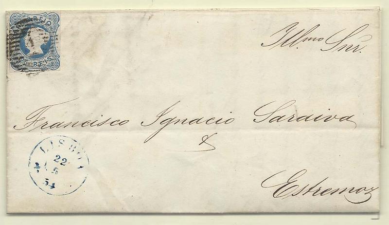 0093.jpg -     Lote:    93            Portugal       Descrição:         1853 &mdash; D. Maria II. CE2, 25 reis azul, cunho I, margens curtas, em carta circulada de Lisboa (22.05.54) para Estremoz.        Carta       Valor Base:     &euro; 20,00     Valor Venda:     &euro; 20,00       