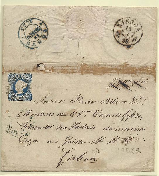 0094.jpg -     Lote:    94            Portugal       Descrição:         1853 &mdash; D. Maria II. CE2, 25 reis azul, cunho II (margens curtas), em capa de carta circulada de Mirandela para Lisboa (13.03.55) com trânsito pelo Porto (10.03.55). Carimbo nominativo batido a preto "MIRANDELLA".        Carta       Valor Base:     &euro; 15,00     Valor Venda:     &euro; 15,00       