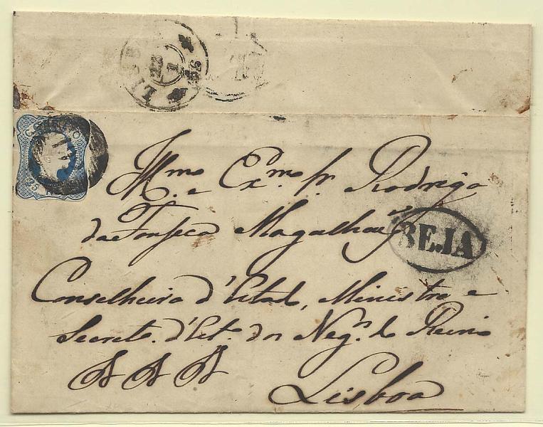 0095.jpg -     Lote:    95            Portugal       Descrição:         1855/56 &mdash; D. Pedro V. Cabelos lisos. CE7, 25 reis, cunho II (com margens curtas, em capa de carta circulada de Beja para Lisboa (22.01.56). Carimbo nominativo batido a preto de "BEJA".        Carta       Valor Base:     &euro; 20,00     Valor Venda:     Retirado     