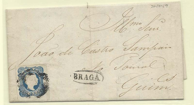 0096.jpg -     Lote:    96            Portugal       Descrição:         1856/58 &mdash; D. Pedro V. Cabelos lisos. CE7, 25 reis azul, cunho II (com margens muito largas), em carta circulada de Braga (20.10.59) para Guimarães, obliterados com carimbo de 20 barras "56" + nominativo BRAGA, batidos a preto.        Carta       Valor Base:     &euro; 15,00     Valor Venda:     Retirado     