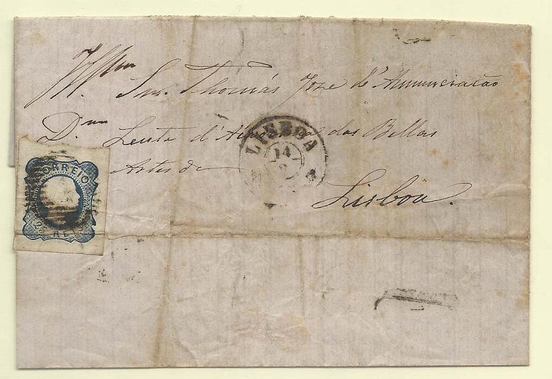 0097.jpg -     Lote:    97            Portugal       Descrição:         1855/56 &mdash; D. Pedro V. Cabelos lisos. CE7, 25 reis azul, cunho II (pérolas juntas) em carta circulada em Lisboa (14.02.56). Selo com margens de luxo, porém com vinco provocado pela dobragem da carta.        Carta       Valor Base:     &euro; 25,00     Valor Venda:     Retirado     
