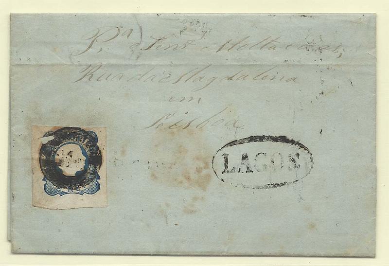 0098.jpg -     Lote:    98            Portugal       Descrição:         1855/56 &mdash; D. Pedro V. Cabelos lisos. CE7, 25 reis azul, cunho II (pérolas juntas) em carta circulada de Lagos (27.01.56) para Lisboa (08.02.56). Selo com margens excepcionais, porém com pequeno defeito. Carimbos batidos a preto: nominativo "LAGOS" + numérico 20 barras "213".        Carta       Valor Base:     &euro; 15,00     Valor Venda:     Retirado     