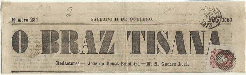 0100.jpg -     Lote:    100            Portugal       Descrição:         1856/58 &mdash; D. Pedro V, cabelos anelados. CE10, 5 reis castanho, cunho ii, com margens excepcionais, circulado em jornal "O Braz Tisana) de 11.10.1856, circulado do Porto (11.10.56). MB e MR.        JRN       Valor Base:     &euro; 400,00     Valor Venda:     &euro; 400,00       