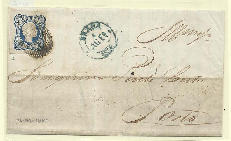 0102.jpg -     Lote:    102            Portugal       Descrição:         1856/58 &mdash; D. Pedro V. Cabelos anelados. CE11, 25 reis, burilagem de linhas simples, com boas margens, em carta circulada de Braga (06.08.56) para o Porto (07.08.56), Carimbo datado de Braga batido a verde. MB.        Carta       Valor Base:     &euro; 80,00     Valor Venda:     Retirado     