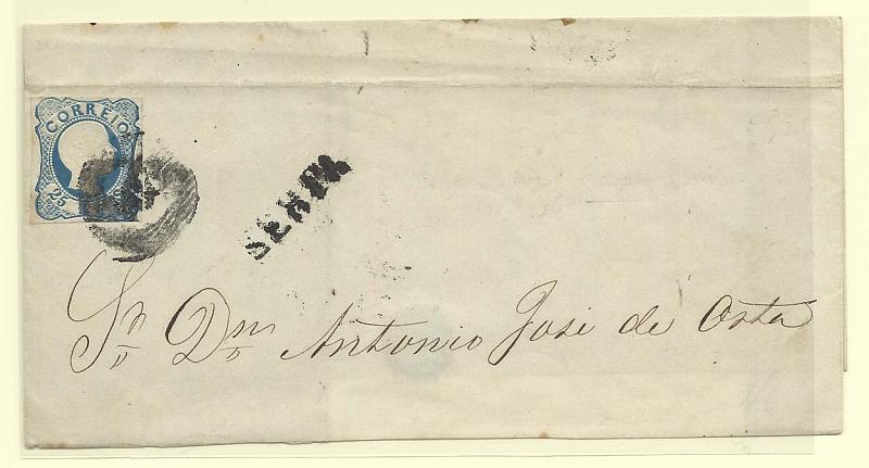 0105.jpg -     Lote:    105            Portugal       Descrição:         1856/58 &mdash; D. Pedro V. Cabelos anelados. CE12, 25 reis azul, cunho I, em capa de carta circulada de Serpa para Lisboa (01.09.57), obliterados com carimbo de 20 barras "204" + nominativo SERPA, batidos a preto.        Carta       Valor Base:     &euro; 15,00     Valor Venda:     Retirado     