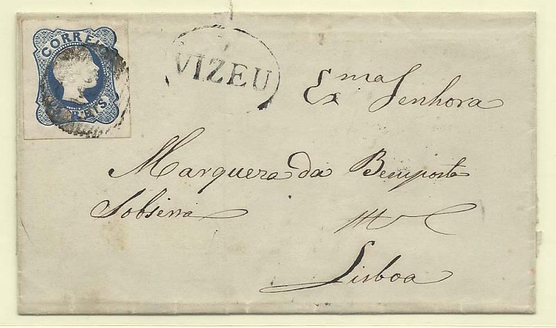 0107.jpg -     Lote:    107            Portugal       Descrição:         1856/58 &mdash; D. Pedro V, cabelos anelados. CE12, 25 reis azul (boas margens) em capa de carta circulada de Viseu (04.10.1856) para Lisboa. Carimbo nominativo batido a preto VIZEU (GM VIS7).        Carta       Valor Base:     &euro; 20,00     Valor Venda:     Retirado     