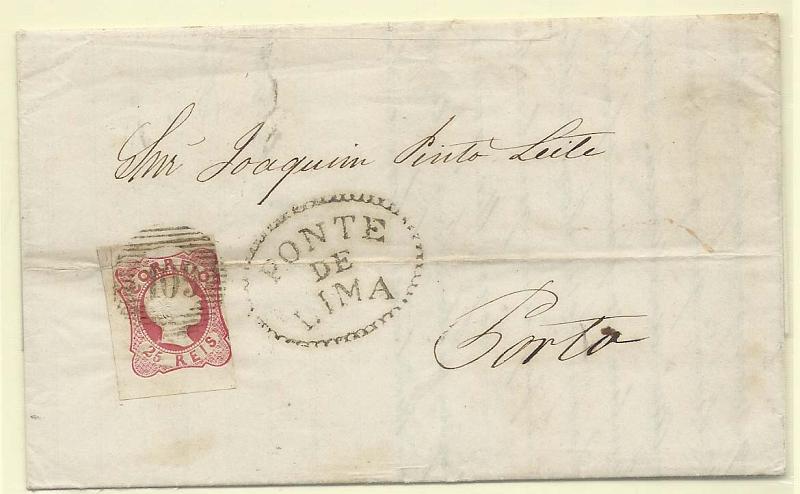0108.jpg -     Lote:    108            Portugal       Descrição:         1856/58 &mdash; D. Pedro V. Cabelos anelados. CE13, 25 reis carmim, cunho IV (três margens de luxo e uma margem curta) em carta circulada de Ponte de Lima (26.02.58) para o Porto (01.03.58). Carimbo nominativo batido a preto "PONTE DE LIMA". B.        Carta       Valor Base:     &euro; 20,00     Valor Venda:     &euro; 20,00       