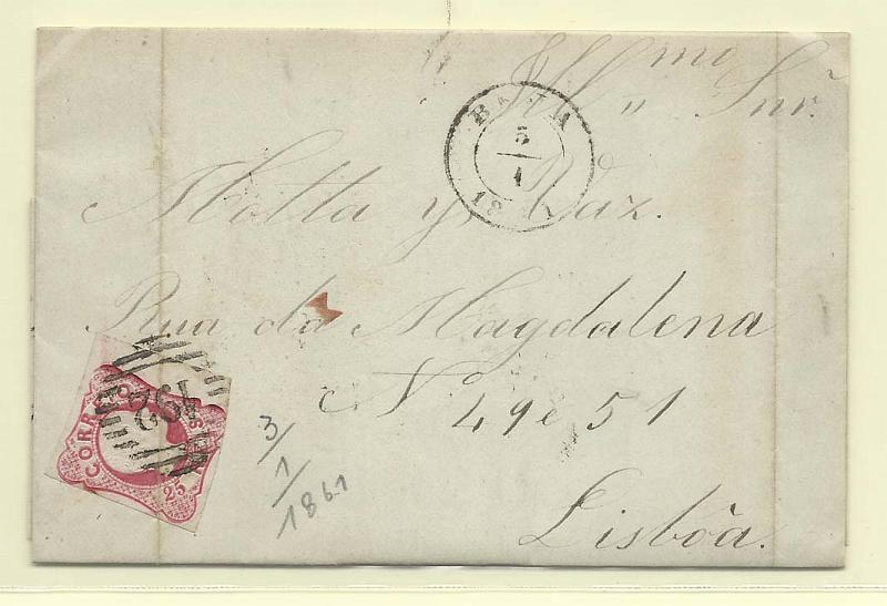 0109.jpg -     Lote:    109            Portugal       Descrição:         1856/58 &mdash; D. Pedro V. Cabelos anelados. CE13, 25 reis carmim em carta circulada Beja (03.01.61) para Lisboa (04.01.61). Carimbo da 1-ª reforma "192" tipo 3.5.3.        Carta       Valor Base:     &euro; 10,00     Valor Venda:     Retirado     