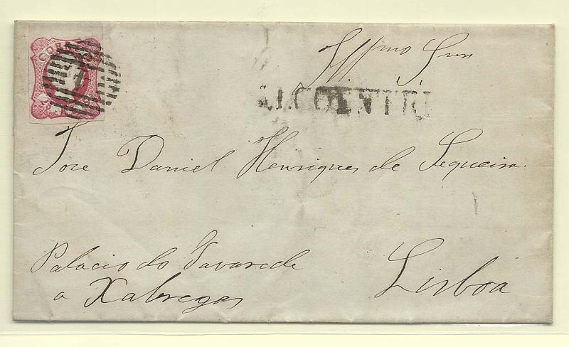 0110.jpg -     Lote:    110            Portugal       Descrição:         1856/58 &mdash; D. Pedro V. Cabelos anelados. CE13, 25 reis carmim em carta circulada de Alcoentre (08.04.61) para Lisboa. Carimbo batido a preto de ALCOENTRE + numérico da 1.ª reforma "4" tipo 4.3.4.        Carta       Valor Base:     &euro; 25,00     Valor Venda:     &euro; 25,00       