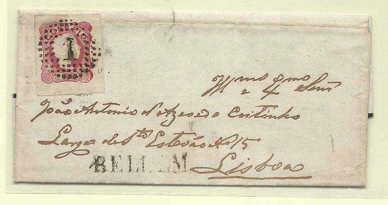0111.jpg -     Lote:    111            Portugal       Descrição:         1856/58 &mdash; D. Pedro V, cabelos anelados. CE13, 25 reis carmim, com margens excepcionais, em carta circulada de Belém para Lisboa (24.11.57). Carimbo nominativo batido a preto BELLEM. MB.        Carta       Valor Base:     &euro; 12,00     Valor Venda:     &euro; 14,00       