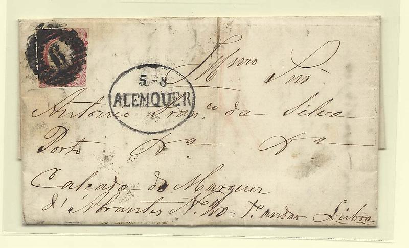0112.jpg -     Lote:    112            Portugal       Descrição:         1856/58 &mdash; D. Pedro V. Cabelos anelados. CE13, 25 reis carmim, margens muito curtas, em carta circulada de Alenquer (05.08.58) para Lisboa (06.08.58). Carimbo oval datado batido a preto "ALENQUER 5-8" e numérico da 1.* reforma "6".        Carta       Valor Base:     &euro; 25,00     Valor Venda:     Retirado     