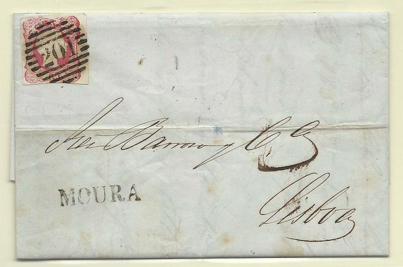 0113.jpg -     Lote:    113            Portugal       Descrição:         1856/58 &mdash; D. Pedro V. Cabelos anelados. CE13, 25 reis carmim (margens curtas) em carta circulada de Moura para Lisboa (07.01.59) com carimbo nominativo batido a preto "MOURA." e numérico da 1.ª reforma "201".        Carta       Valor Base:     &euro; 8,00     Valor Venda:     &euro; 8,00       