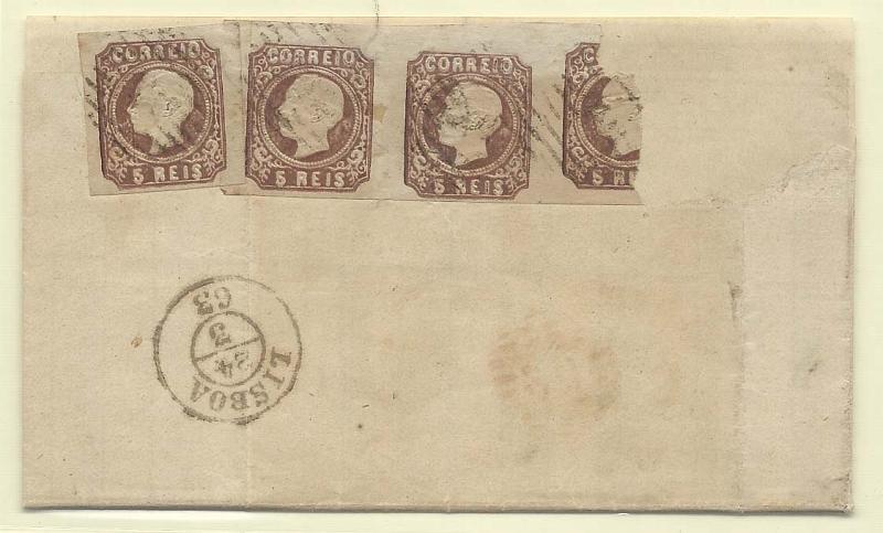 0114.jpg -     Lote:    114            Portugal       Descrição:         1862/64 &mdash; D. Luís. CE14, 5 reis castanho. Carta com defeitos circulada de Reguengos (23.03.1863) para Lisboa (24.03.63) com trânsito por Évora, com 4 selos (um rasgado ao meio) e com falta de outro selo, para completar o porte de 25 reis.        Carta       Valor Base:     &euro; 30,00     Valor Venda:     Retirado     