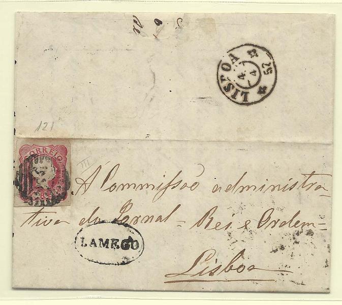 0115.jpg -     Lote:    115            Portugal       Descrição:         1856/58 &mdash; D. Pedro V, cabelos anelados. CE13, 25 reis carmim, cunho III, com boas margens em carta circulada de Lamego (31.03.57) para Lisboa (04.04.57). Carimbo batido a preto de LAMEGO.         Carta       Valor Base:     &euro; 20,00     Valor Venda:     Retirado     