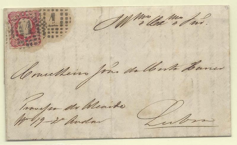 0116.jpg -     Lote:    116            Portugal       Descrição:         1862/64 &mdash; D. Luís I. CE16, 25 reis carmim rosa, em carta circulada do Faial (13.02.1863) para Lisboa. Transportada fora da mala, o selo foi obliterado com carimbo de pontos "1" de Lisboa.        Carta       Valor Base:     &euro; 20,00     Valor Venda:     Retirado     